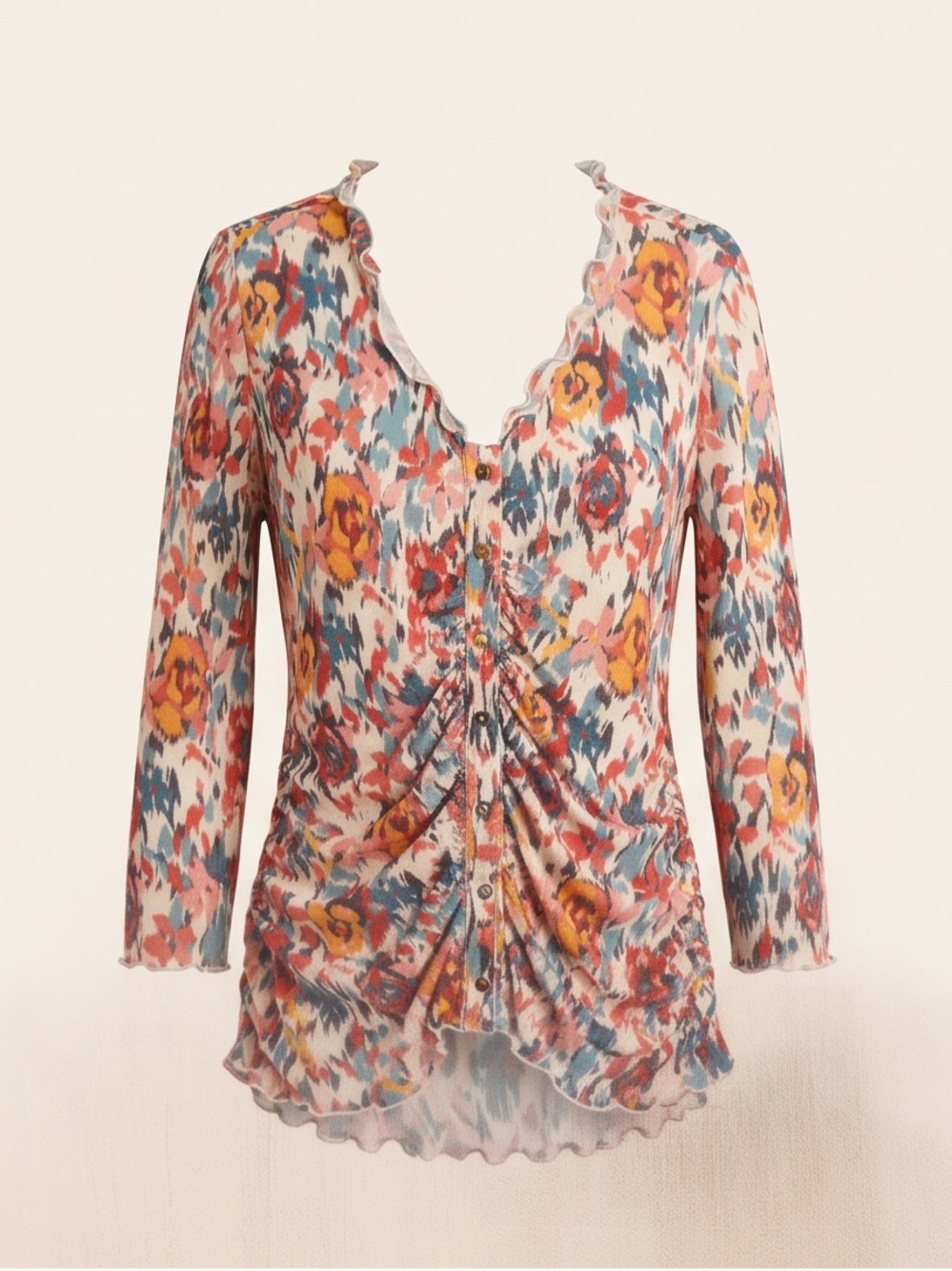 Shyanne Floral Ruffle Button-Front Blouse in Pink, Mustard & Teal